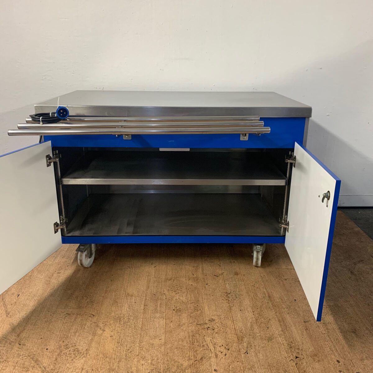 Used   Stainless steel top cabinet with tray slide and power sockets 131cmW x 79cmD x 89cmH