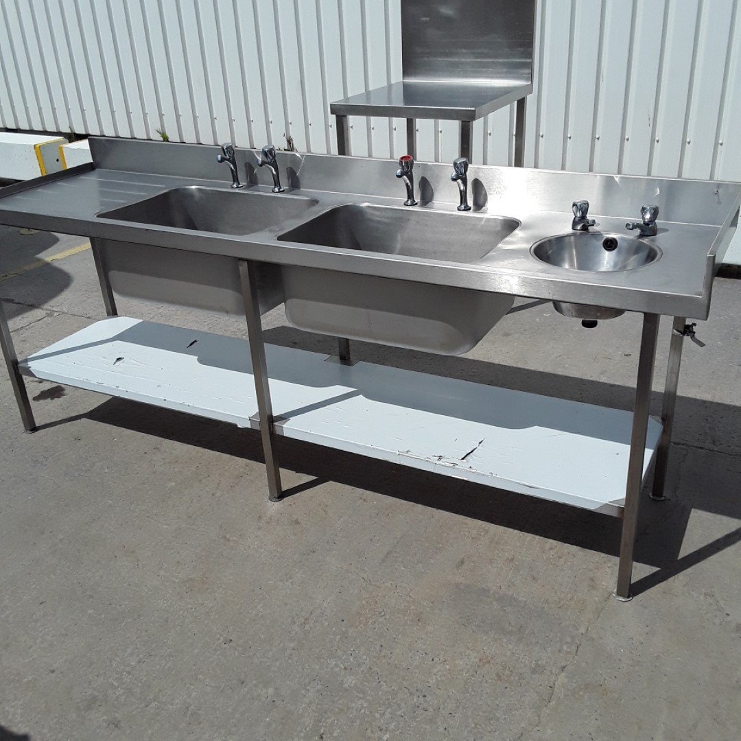 Used   Stainless Steel Double Sink 238cmW x 65cmD x 89cmH