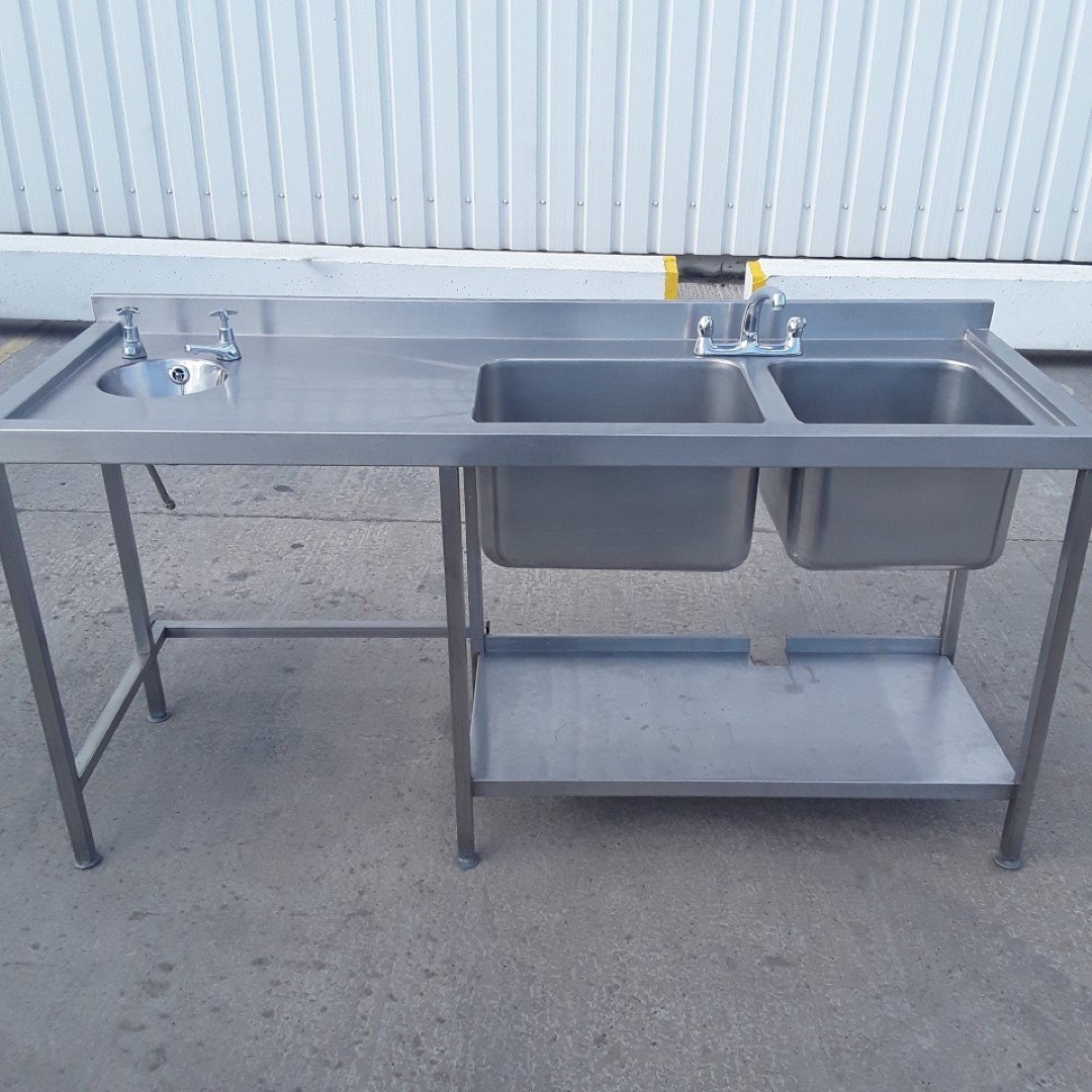 Used   Stainless Steel Double Sink 185cmW x 65cmD x 90cmH