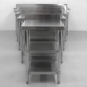 Brand New Castors & Flat Packed Diaminox Tables With Upstand & 2 Shelves Various Sizes